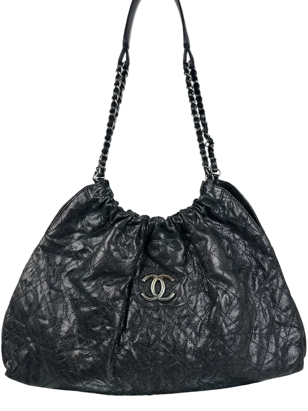 Chanel Black Shiny Caviar Leather Large Chain Shoulder Tote Silver CC